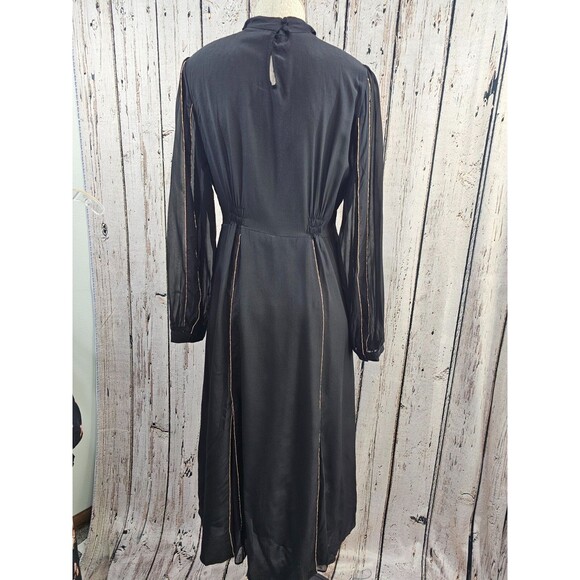 JESSIE LIU‎ Women's L Black Silk Gold Beaded Gusset Choker ALine Dress EUC - Picture 6 of 9